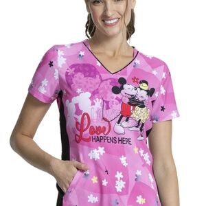 Pink Disney Scrub Top with Mickey and Minnie